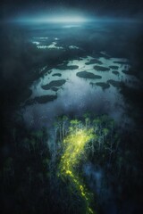 (2:3) Majestic colorful misty and mysterious swamp with fireflies lighting the way Morning : A Stunning Aerial View with a Touch of Fantasy. Breathtaking Serenity Captured Generative AI