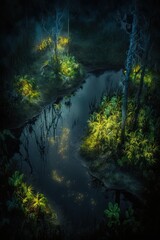 (2:3) breathtaking aerial view of the colorful misty and mysterious swamp with fireflies lighting the way Nighttime captured during the serene hours, with a touch of fantasy Generative AI