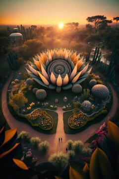(2:3) Majestic colorful magical garden with giant flowers and whimsical creatures Sunset : A Stunning Aerial View with a Touch of Fantasy. Breathtaking Serenity Captured Generative AI