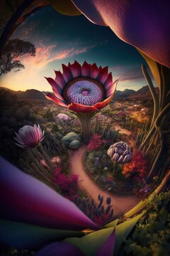 (2:3) Fantasy meets colorful serenity in this beautiful aerial magical garden with giant flowers and whimsical creatures Sunset view featuring the tranquil hours Generative AI