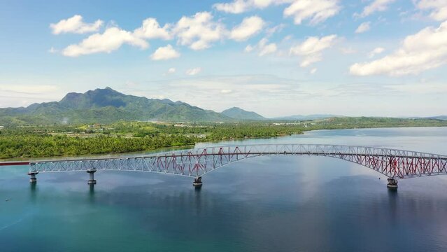 The San Juanico Bridge, view from Leyte, towards Samar. Philippines. Road bridge between the islands, top view.