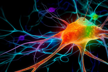  Illustration of colorful neurons active and sending electrical and chemical signals to human body concept, Generative AI image.