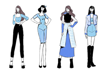 Sketches of beautiful and diverse fashion outfits.