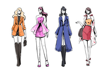 Sketches of beautiful and diverse fashion outfits.