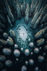 Obraz na płótnie Canvas (2:3) Colorful Serenity: A breathtaking aerial view of the tranquil snowy forest with glowing snowflakes and friendly yeti creatures Midday during serene hours, with fantasy Generative AI