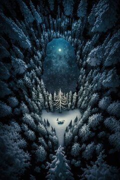 (2:3) Colorful Serenity: A breathtaking aerial view of the tranquil snowy forest with glowing snowflakes and friendly yeti creatures Nighttime during serene hours, with fantasy Generative AI