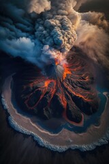 (2:3) Majestic colorful volcano with lavflowing down the sides and ash clouds in the sky Morning : A Stunning Aerial View with a Touch of Fantasy. Breathtaking Serenity Captured Generative AI