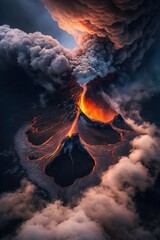 (2:3) Colorful Serenity: A breathtaking aerial view of the tranquil volcano with lavflowing down the sides and ash clouds in the sky Morning during serene hours, with fantasy Generative AI