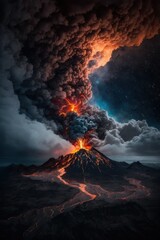 (2:3) breathtaking aerial view of the colorful volcano with lavflowing down the sides and ash clouds in the sky Nighttime captured during the serene hours, with a touch of fantasy Generative AI