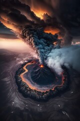 (2:3) Fantasy meets colorful serenity in this beautiful aerial volcano with lavflowing down the sides and ash clouds in the sky Twilight view featuring the tranquil hours Generative AI