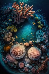 (2:3) breathtaking aerial view of the colorful An underwater world with glowing corals and friendly secreatures Evening captured during the serene hours, with a touch of fantasy Generative AI