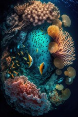 Naklejka na ściany i meble (2:3) Colorful Serenity: A breathtaking aerial view of the tranquil An underwater world with glowing corals and friendly secreatures Evening during serene hours, with fantasy Generative AI