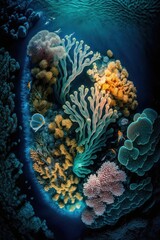 Obraz premium (2:3) Majestic colorful An underwater world with glowing corals and friendly secreatures Evening : A Stunning Aerial View with a Touch of Fantasy. Breathtaking Serenity Captured Generative AI