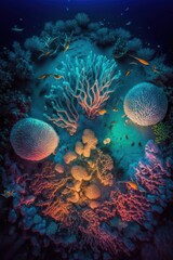 Fototapeta na wymiar (2:3) Colorful Serenity: A breathtaking aerial view of the tranquil An underwater world with glowing corals and friendly secreatures Midnight during serene hours, with fantasy Generative AI