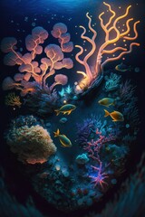 (2:3) Majestic colorful An underwater world with glowing corals and friendly secreatures Nighttime : A Stunning Aerial View with a Touch of Fantasy. Breathtaking Serenity Captured Generative AI