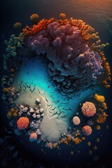 (2:3) Colorful Serenity: A breathtaking aerial view of the tranquil An underwater world with glowing corals and friendly secreatures Sunset during serene hours, with fantasy Generative AI