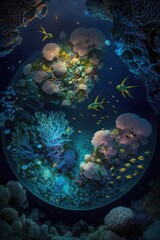 (2:3) breathtaking aerial view of the colorful An underwater world with glowing corals and friendly secreatures Twilight captured during the serene hours, with a touch of fantasy Generative AI