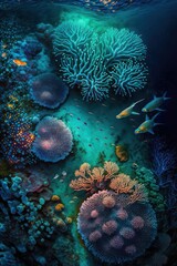 (2:3) Fantasy meets colorful serenity in this beautiful aerial An underwater world with glowing corals and friendly secreatures Twilight view featuring the tranquil hours Generative AI