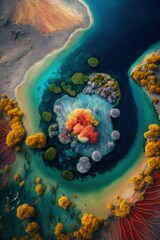 Fototapeta na wymiar (2:3) Colorful Serenity: A breathtaking aerial view of the tranquil colorful, otherworldly planet with unique florand faunAfternoon during serene hours, with fantasy Generative AI