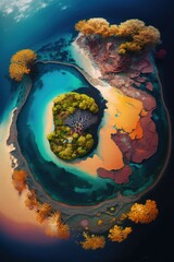 (2:3) Fantasy meets colorful serenity in this beautiful aerial colorful, otherworldly planet with unique florand faunAfternoon view featuring the tranquil hours Generative AI
