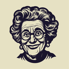 Happy grandma portrait. Hand drawn vintage engraving style woodcut vector illustration.