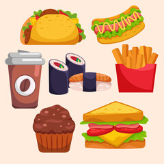 Bundle Set of fast food or junk food vector illustration