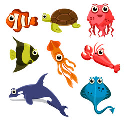 Naklejka premium Set of sea creatures on white background vector