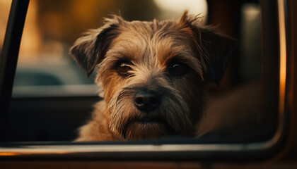 Cute puppy sitting in car, looking out window generated by AI