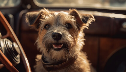 Cute terrier puppy sitting in car, looking out generated by AI