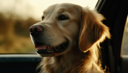 Cute purebred puppy driving car with smiling labrador generated by AI