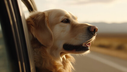 Cute puppy sitting in car, enjoying journey generated by AI