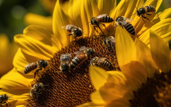 closeup of bee on sunflower