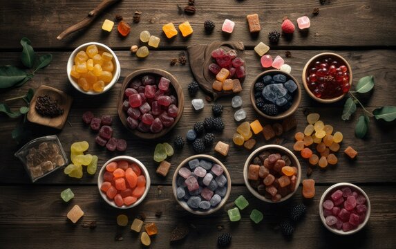 Colorful health supplement gummies on a board