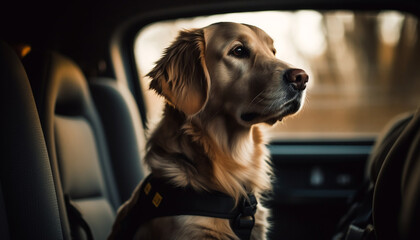 Golden retriever puppy sitting in car seat generated by AI
