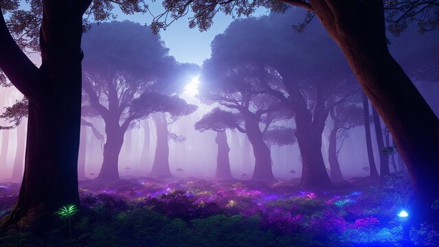 A Remarkable Image Of A Forest With A Bright Light Shining Through The Trees AI Generative
