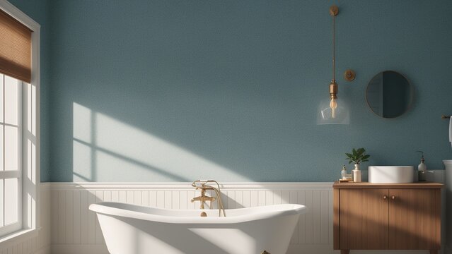 A Daring Bathroom With A White Bathtub And A Wooden Cabinet