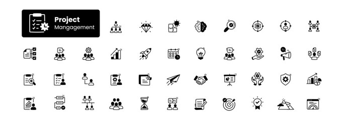 Project Management Icons: Simplify Your Workflow with this Comprehensive Set. Black and White Icons with hand-drawn touch. Vector Editable Stroke. 