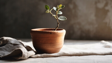 Seedlings and Plants Growing in Natural Aged Terra Cotta Pot on Textured Linen with Studio Lighting, Boho Chic - Generative AI