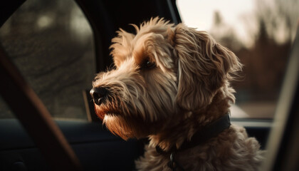 Purebred terrier sits in car, looking out window generated by AI