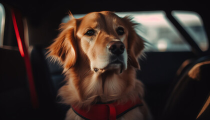 Golden retriever sitting in car, looking outdoors generated by AI