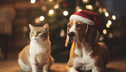 Smiling purebred puppy and kitten play under tree generated by AI