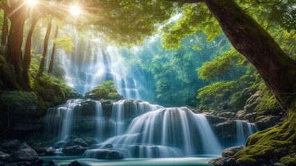 Fototapeta na wymiar A Tasteful Waterfall In A Lush Green Forest With Sun Shining Through The Trees AI Generative
