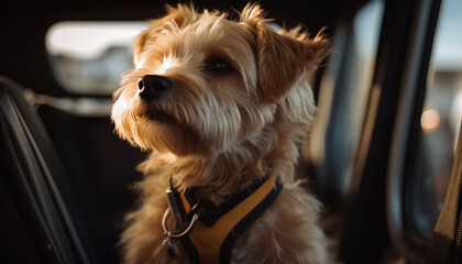 Cute purebred terrier sitting in car window generated by AI