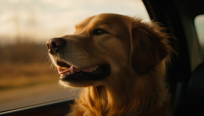 Golden retriever puppy sitting in car, smiling generated by AI