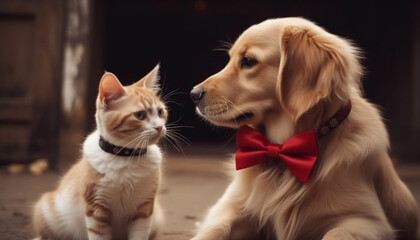 Cute puppy and kitten sitting, playing, and cuddling generated by AI