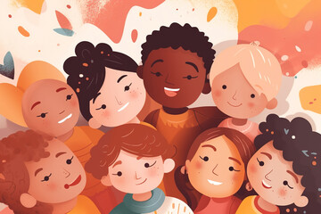 Children's inclusion, diversity, multinational concept flat illustration. Portrait of group of cheerful children of different races together. Generative AI