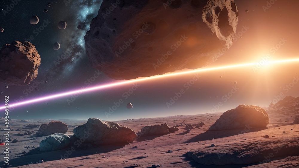 Wall mural An Elegant View Of A Distant Planet With A Bright Beam Of Light AI Generative