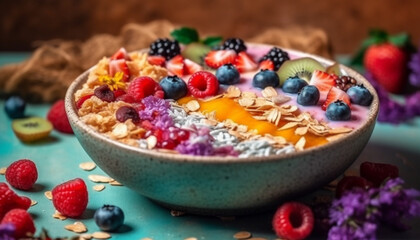 Fresh berry bowl with yogurt, granola, and blueberries generated by AI