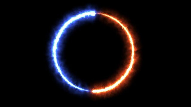 Circle fire frame with Hot red fire and Cool blue fire ring magic moving animation. Ying Yang concept. Abstract ring of plasma ice blue red fire particle circle.