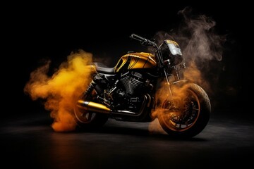 A motorcycle emitting orange and yellow smoke against a black background with reflection. Generative AI